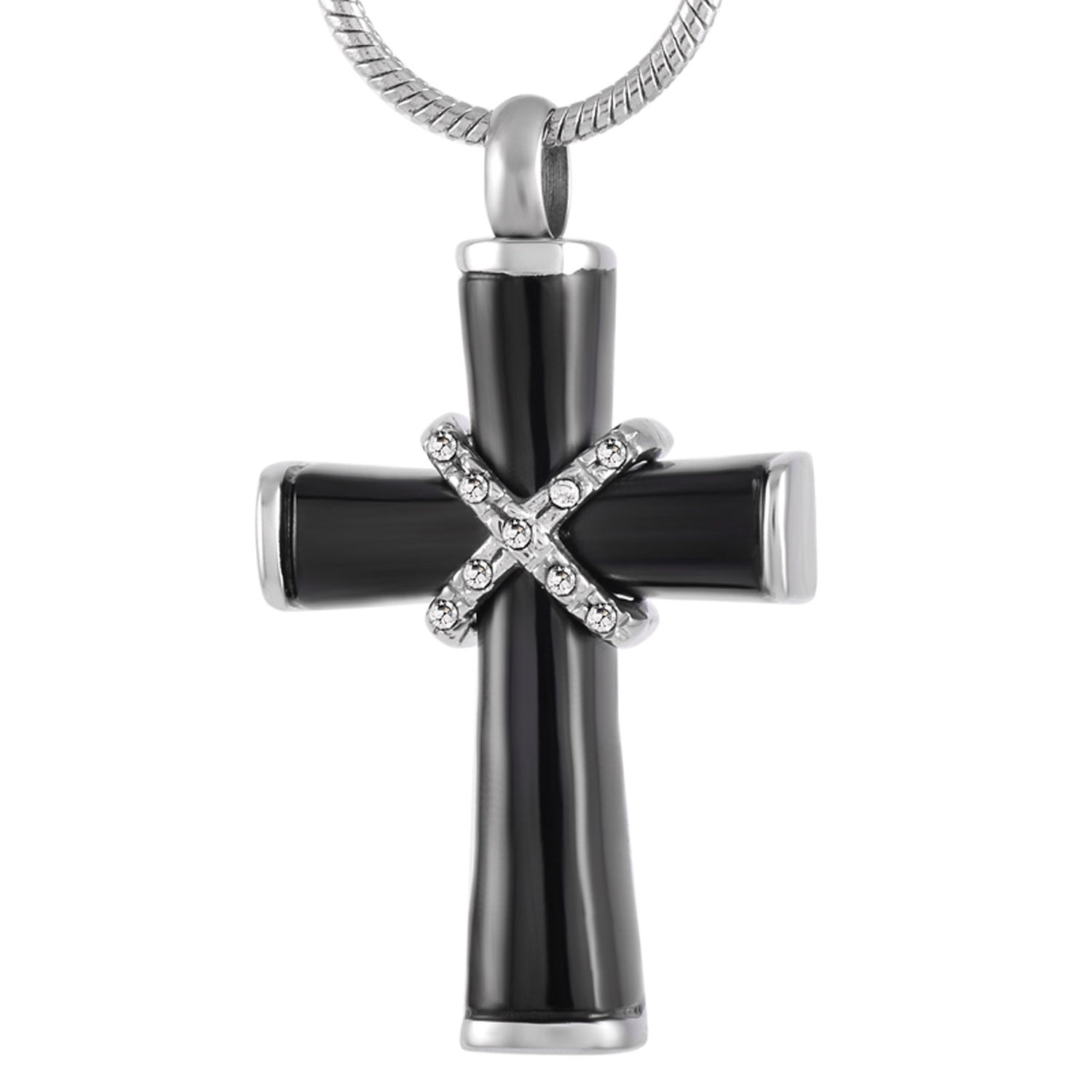 Black and Silver Hawser Cross with Crystals Cremation Jewelry