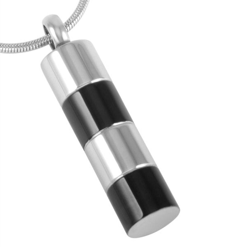 Black & Silver Cylinder Urn Necklace, Bottom View