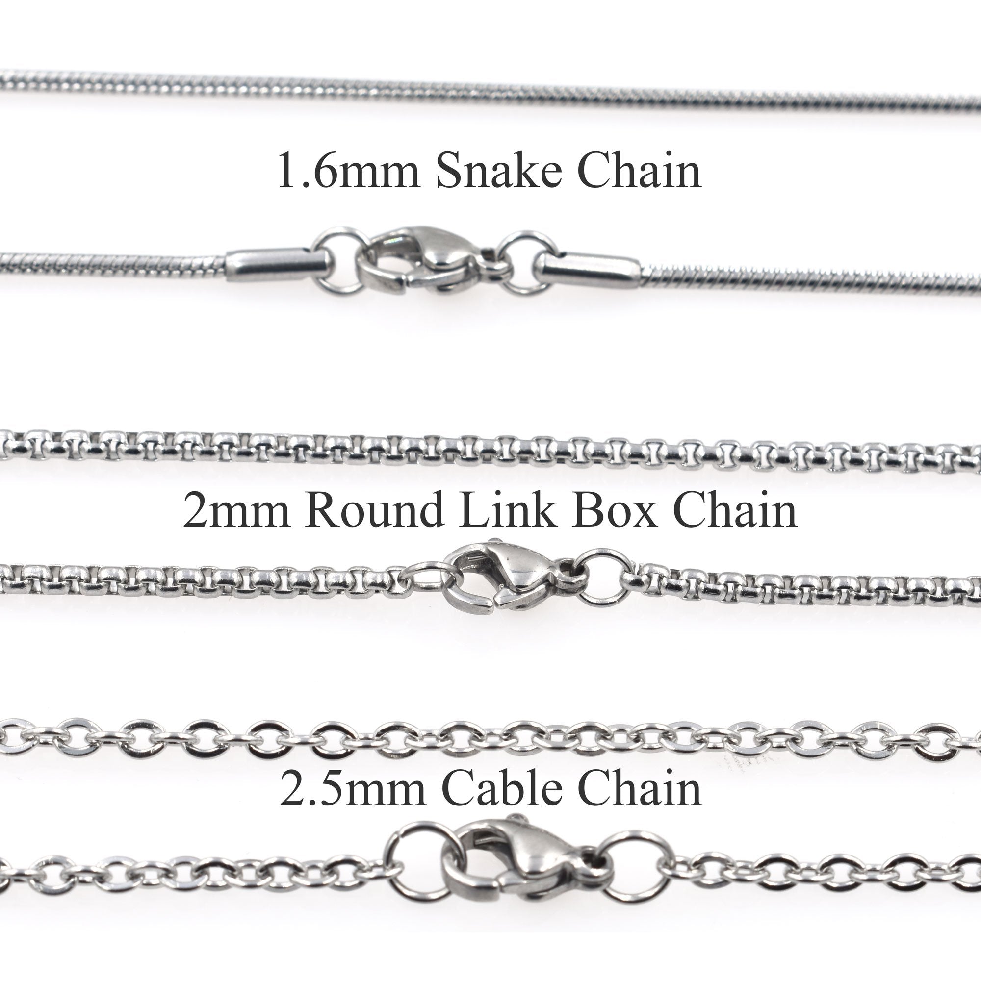Snake Chain, Box Chain and Cable Chain Options on white background - Sarah & Essie