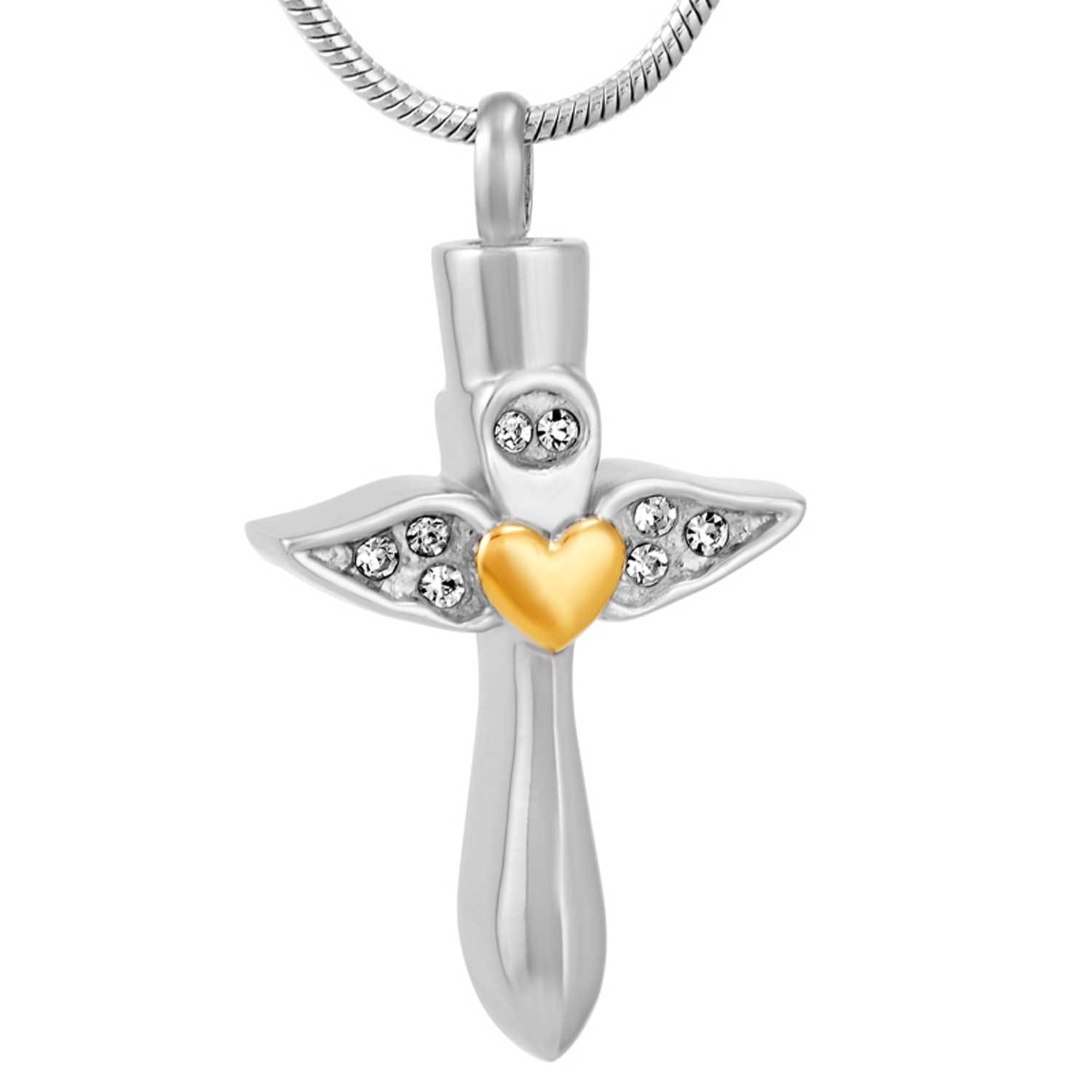 Cross with Crystal Wings and Heart Cremation Jewelry