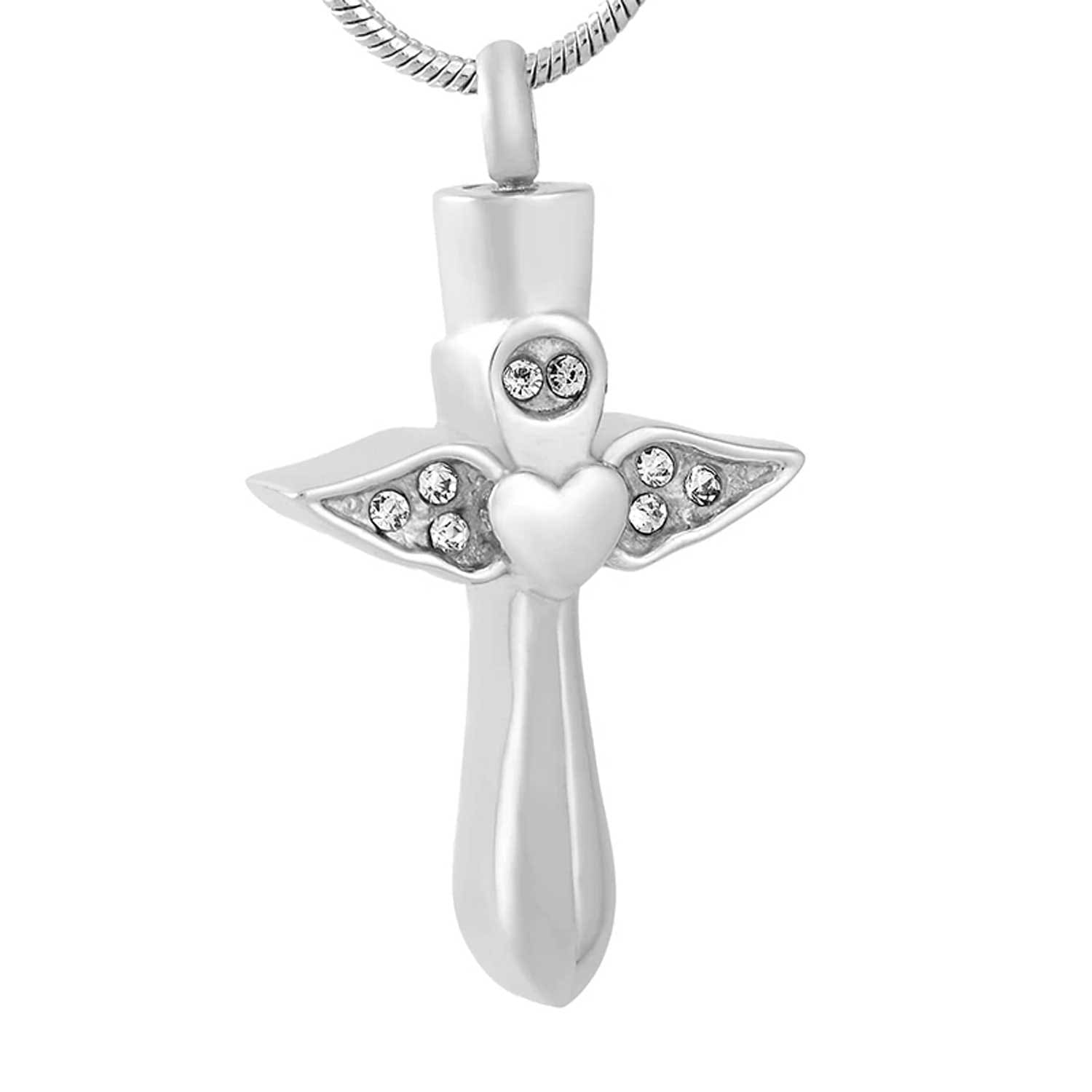 Cross with Crystal Wings and Heart Cremation Jewelry