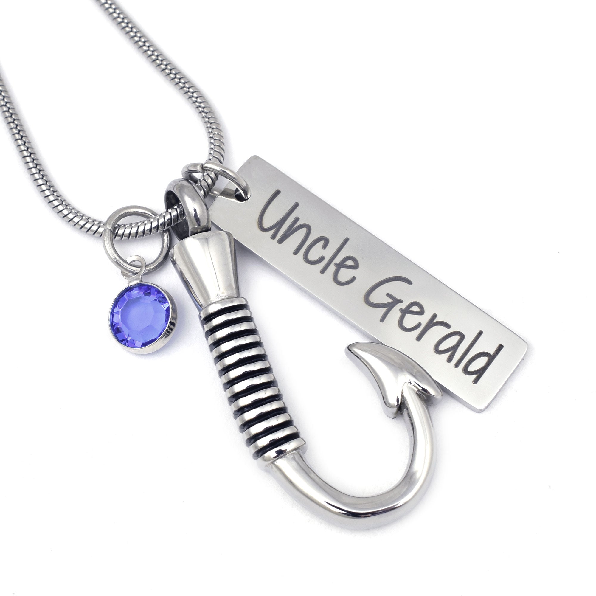 Fishing Hook Cremation jewelry with optional birthstone and name charm