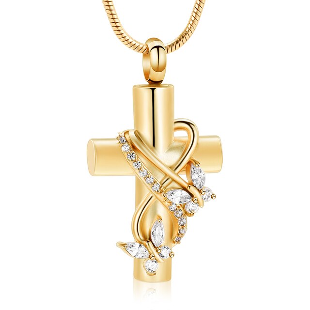 Gold Butterfly Cross Urn Necklace for Ashes on white background