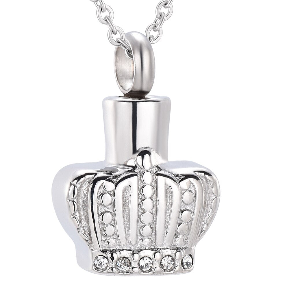 Silver & Crystal Crown Cremation Necklace with Cable Chain